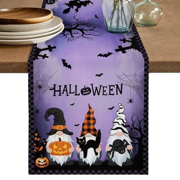 Table Runner 90 Inch Long - Halloween Gnome Pumpkin Black Cat Spiders- Hall Ween Decorative Table Scarf, Dead Tree Purple Dining Table Runners for Wedding Party Kitchen Dining Tables
