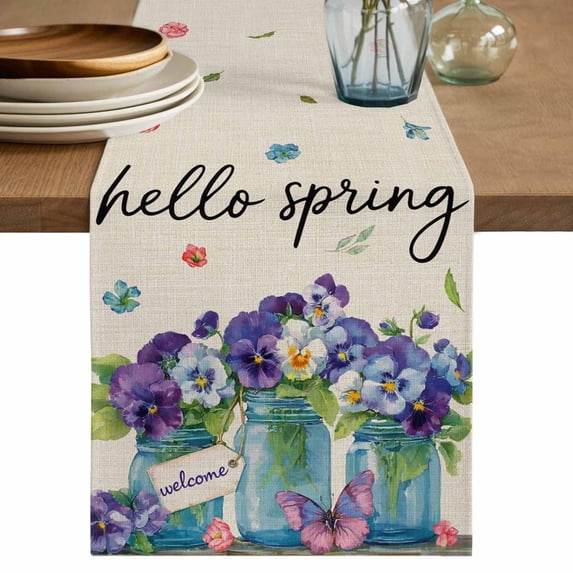 Table Runner - 90 Inch Long, Hello Spring Kitchen Dining Table Runner Dresser Scarves, Pastoral Purple Bottle Floral Rustic Burlap Farmhouse Decor for Coffee Tables Wedding Party Banquet