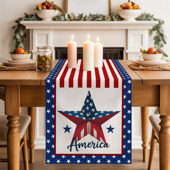 Table Runner 90 Inch Long - Independence Day U.S. Flag Decorative Table Scarf, White Stars on Blue Dining Table Runners for Wedding Party Kitchen Dining Tables