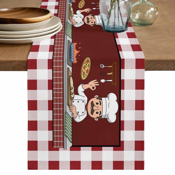 Table Runner 90 Inch Long - Kitchen Cute Chef Cook Burgundy Red Plaid Decorative Table Scarf, Pizza Gourmet Dining Table Runners for Wedding Party Kitchen Dining Tables