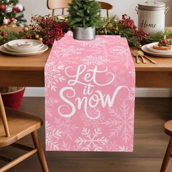 Table Runner 90 Inch Long - Let Snow Words on PinkDecorative Table Scarf,Watercolor Winter SnowflakesDining Table Runners for Wedding Party Kitchen Dining Tables