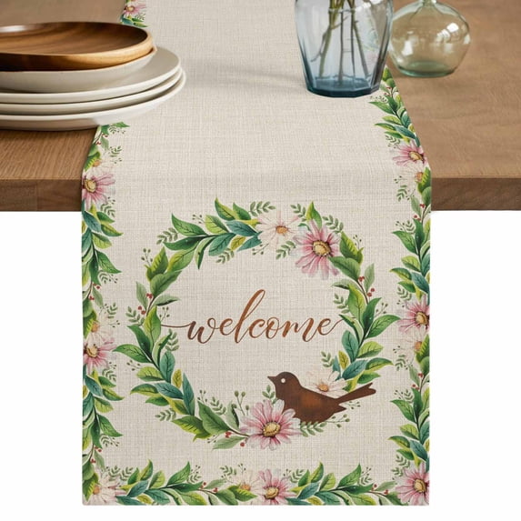 Table Runner - 90 Inch Long, Spring Botanical Kitchen Dining Table Runner Dresser Scarves, Garden Birds Floral Leaves Rustic Burlap Farmhouse Decor for Coffee Tables Wedding Party Banquet