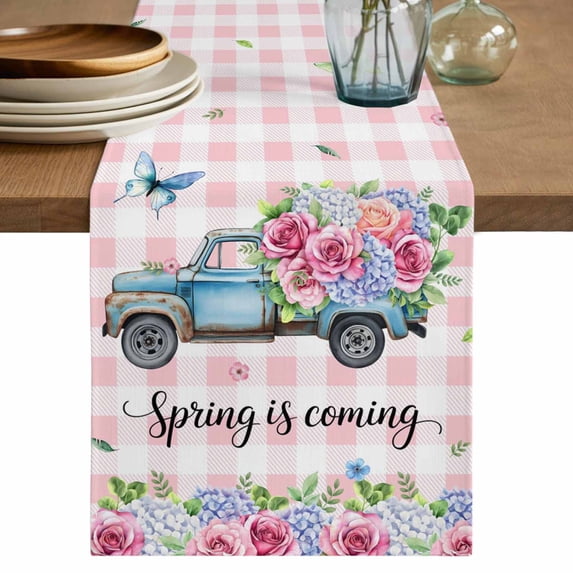 Table Runner - 90 Inch Long, Spring Kitchen Dining Table Runner Dresser Scarves, Truck Botanical Rose Leaves Butterfly Pink Lattice Farmhouse Decor for Coffee Tables Wedding Party Banquet