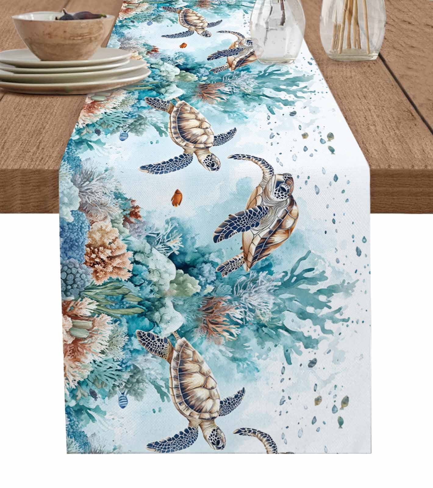 Table Runner 90 Inch Long - Summer Sea Turtle Coral SeaweedDecorative ...
