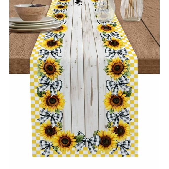 Table Runner 90 Inch Long - Welcome Quote Sunflower Buffalo BowDecorative Table Scarf,Summer Floral on WoodenDining Table Runners for Wedding Party Kitchen Dining Tables