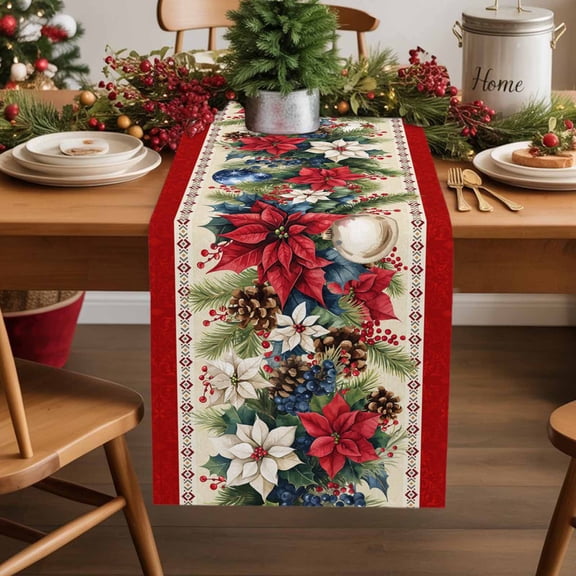 Table Runner 36 Inch Long - Xmas Poinsettia Fir Leaves on RedDecorative Table Scarf,Christmas Pine Cones BerryDining Table Runners for Wedding Party Kitchen Dining Tables