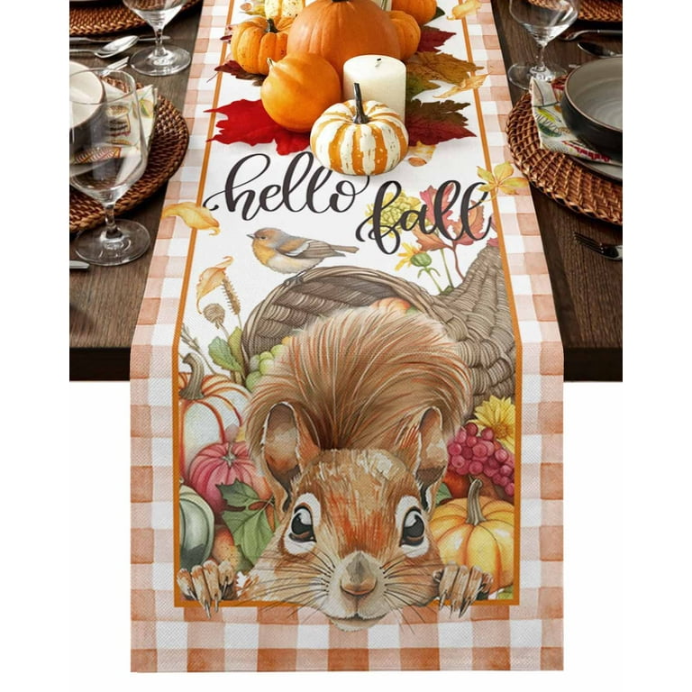 Table Runner 90 Inches Long, Fall Pumpkin Cute Squirrel