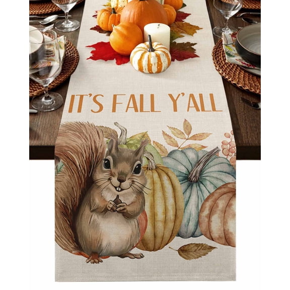Table Runner 90 Inches Long, Fall Thanksgiving Cute Squirrel Nut Pumpkin Linen Texture Cotton Linen Table Runners Non-Slip Durable Dresser Scarves for Table Party Dinner Holiday Home Decor, 1 Pack