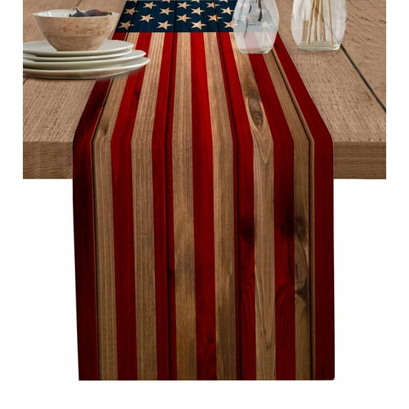 Table Runner 90 Inches Long for Kitchen Dining, American Flag Dresser Scarf Farmhouse, Dining Table Decorations for Wedding/Parties, Blue Red USA Flag Vintage Wooden 13 x 90 In