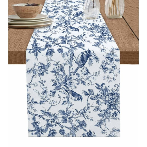 Table Runner 90 Inches Long for Kitchen Dining, Blue Botanical Dresser Scarf Farmhouse, Dining Table Decorations for Wedding/Parties, Vintage Botanical Birds 13 x 90 In