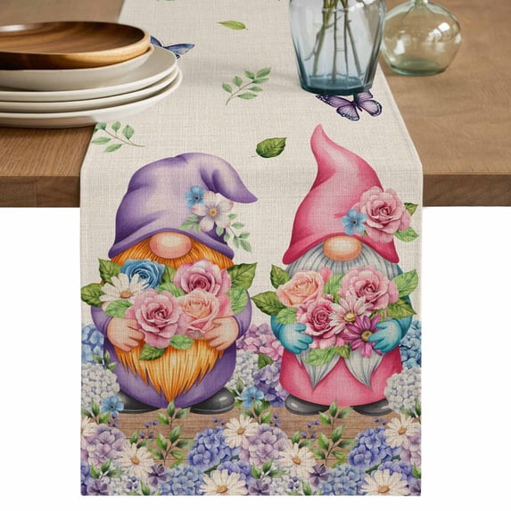 Table Runner 90 Inches Long for Kitchen Dining, Blue Purple Gnomes Dresser Scarf Farmhouse, Dining Table Decorations for Wedding/Parties, Spring Vintage Hydrangea Flower Leaf 13 x 90 In