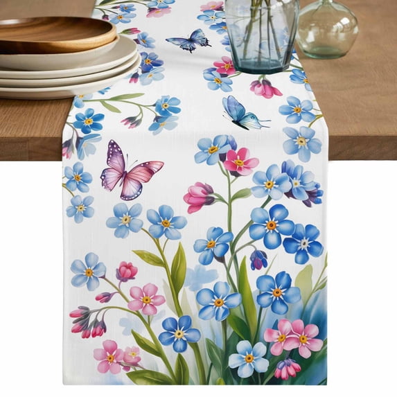 Table Runner 90 Inches Long for Kitchen Dining, Blue Spring Floral Dresser Scarf Farmhouse, Dining Table Decorations for Wedding/Parties, Pink Flowers Butterfly Pastoral 13 x 90 In