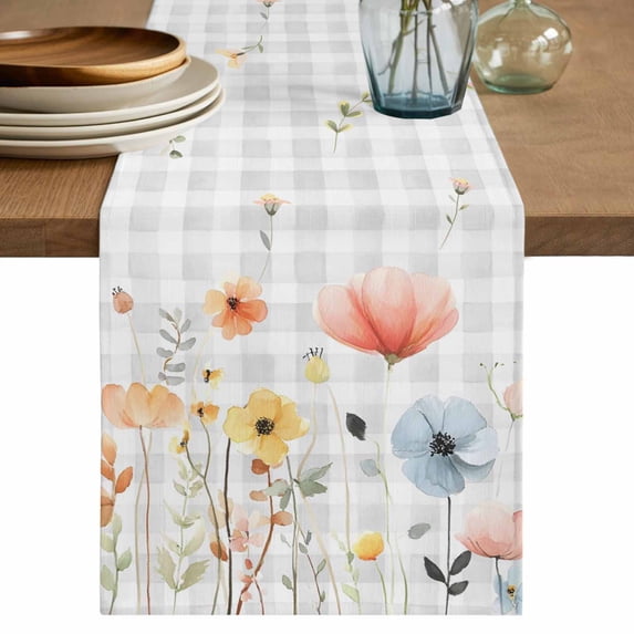 Table Runner 90 Inches Long for Kitchen Dining, Botanical Wildflowers Dresser Scarf Farmhouse, Dining Table Decorations for Wedding/Parties, Spring Farmhouse Floral Grey Plaid 13 x 90 In