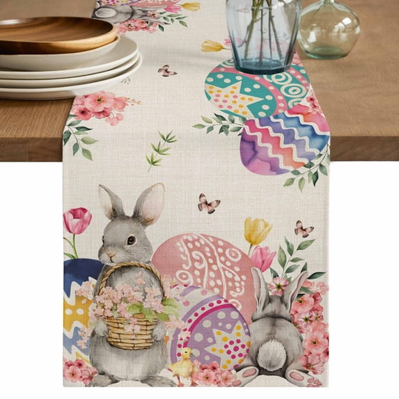 Table Runner 90 Inches Long for Kitchen Dining, Bunny Easter Dresser Scarf Farmhouse, Dining Table Decorations for Wedding/Parties, Eggs Spring Floral Butterfly Leaves Rustic 13 x 90 In