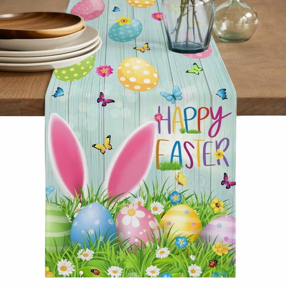 Table Runner 90 Inches Long for Kitchen Dining, Easter Dresser Scarf Farmhouse, Dining Table Decorations for Wedding/Parties, Spring Easter Eggs Bunny Butterflies Wooden Grain 13 x 90 In