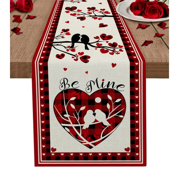 Table Runner 90 Inches Long for Kitchen Dining, Farmhouse Valentine's, Dresser Scarf Farmhouse, Dining Table Decorations for Wedding/Parties, Red Saint Love-Tree Country Plaid Bird 13 x 90 In