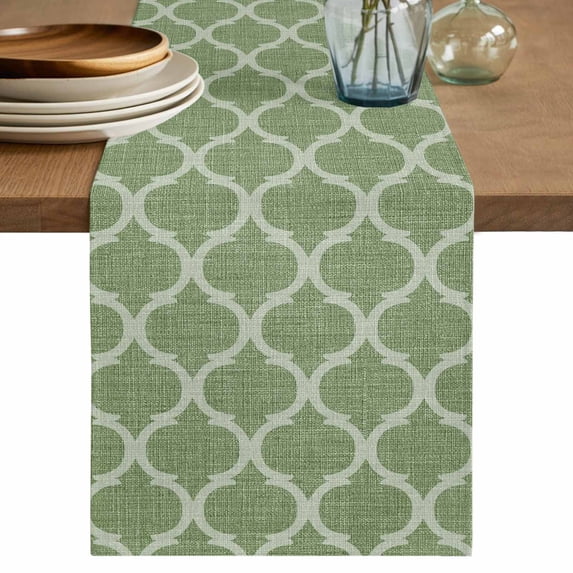 Table Runner 90 Inches Long for Kitchen Dining, Green Moroccan Dresser Scarf Farmhouse, Dining Table Decorations for Wedding/Parties, Morocco Boho Ethnic Abstract Geometric 13 x 90 In