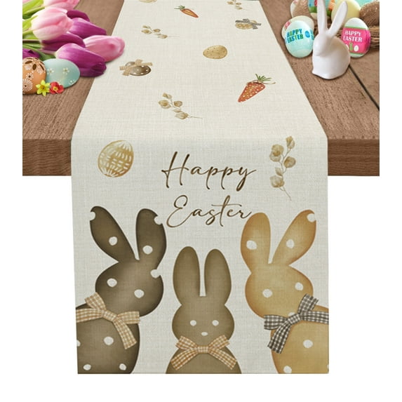 Table Runner 90 Inches Long for Kitchen Dining, Happy Easter Dresser Scarf Farmhouse, Dining Table Decorations for Wedding/Parties, Polka Dot Bunny Spring Beige Burlap 13 x 90 In