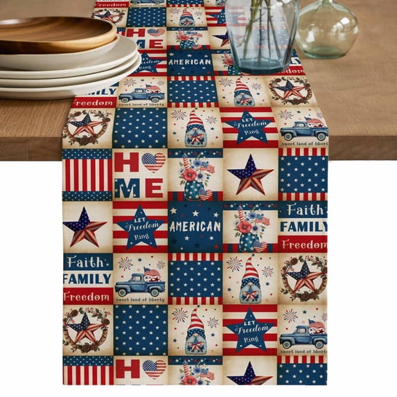 Table Runner 90 Inches Long for Kitchen Dining, Independence Day Dresser Scarf Farmhouse, Dining Table Decorations for Wedding/Parties, Country Retro Gnomes Star Usa Flag 13 x 90 In