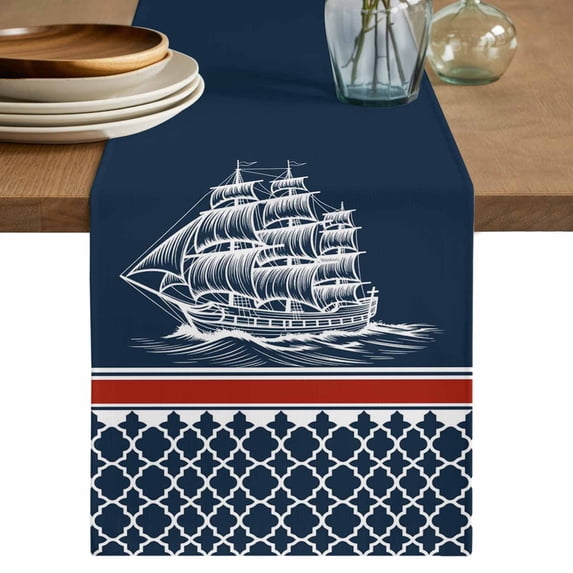 Table Runner 90 Inches Long for Kitchen Dining, Navy Blue Coastal Dresser Scarf Farmhouse, Dining Table Decorations for Wedding/Parties, Nautical Ocean Sea Abstract Art 13 x 90 In