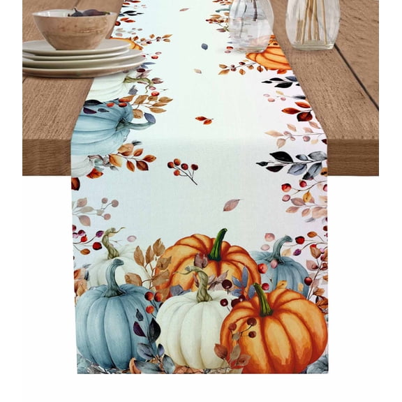 Table Runner 90 Inches Long for Kitchen Dining, Orange Blue Pumpkin Fall Dresser Scarf Farmhouse, Dining Table Decorations for Wedding/Parties, Thanksgiving Eucalyptus Leaves 13 x 90 In