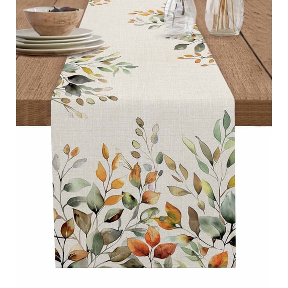 Table Runner 90 Inches Long for Kitchen Dining, Orange Green Eucalyptus Leaves Dresser Scarf Farmhouse, Dining Table Decorations for Wedding/Parties, Fall Botanical Rustic 13 x 90 In