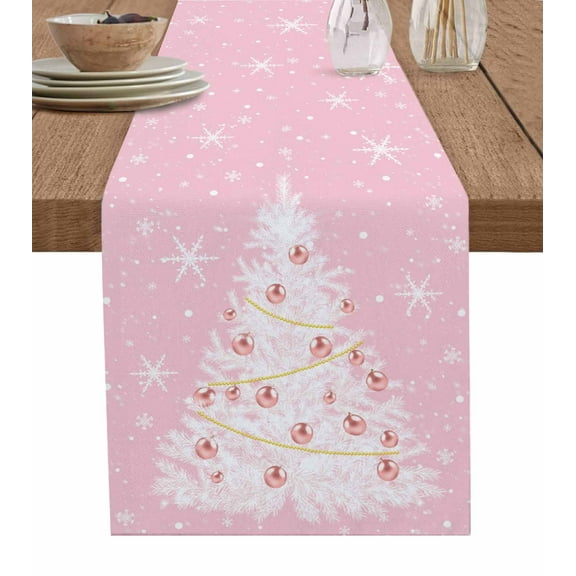 Table Runner 90 Inches Long for Kitchen Dining, Pink Christmas Tree Dresser Scarf Farmhouse, Dining Table Decorations for Wedding/Parties, Winter Balls Snowflake Xmas Tree 13 x 90 In