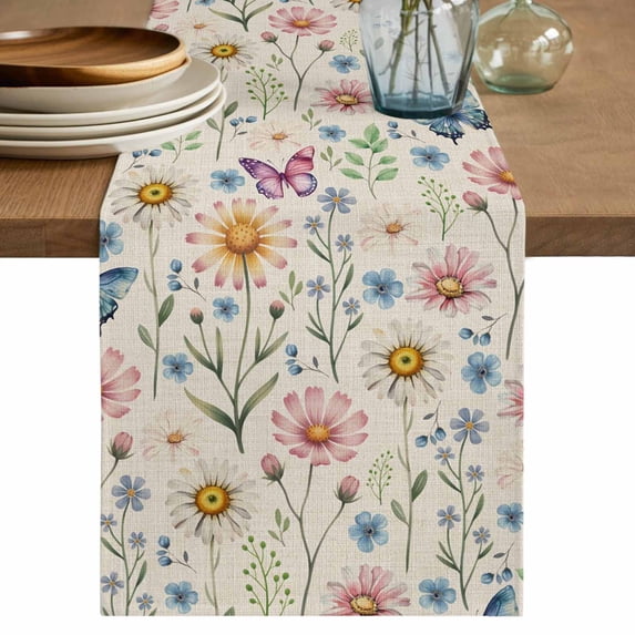 Table Runner 90 Inches Long for Kitchen Dining, Pink Spring Floral Dresser Scarf Farmhouse, Dining Table Decorations for Wedding/Parties, Elegant Pastoral Flowers Butterflies Rustic 13 x 90 In