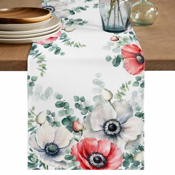 Table Runner 90 Inches Long for Kitchen Dining, Poppy Flowers Eucalyptus Dresser Scarf Farmhouse, Dining Table Decorations for Wedding/Parties, Farmhouse Weeping Botanical 13 x 90 In