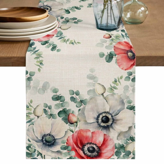 Table Runner 90 Inches Long for Kitchen Dining, Poppy Flowers Eucalyptus Dresser Scarf Farmhouse, Dining Table Decorations for Wedding/Parties, Rustic Weeping Botanical Linen 13 x 90 In