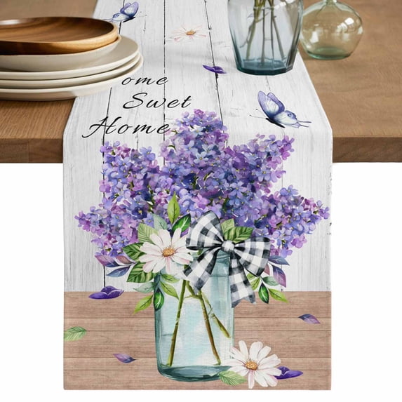 Table Runner 90 Inches Long for Kitchen Dining, Purple Lavender Dresser Scarf Farmhouse, Dining Table Decorations for Wedding/Parties, Spring Floral Daisy Butterfly Leaves Gray 13 x 90 In