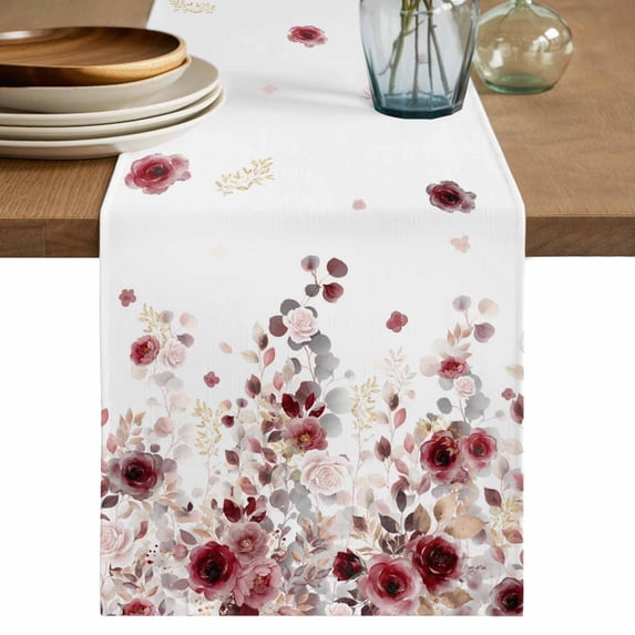Table Runner 90 Inches Long for Kitchen Dining, Red Flowers Dresser Scarf Farmhouse, Dining Table Decorations for Wedding/Parties, Spring Floral Elegant Pastoral Watercolor 13 x 90 In