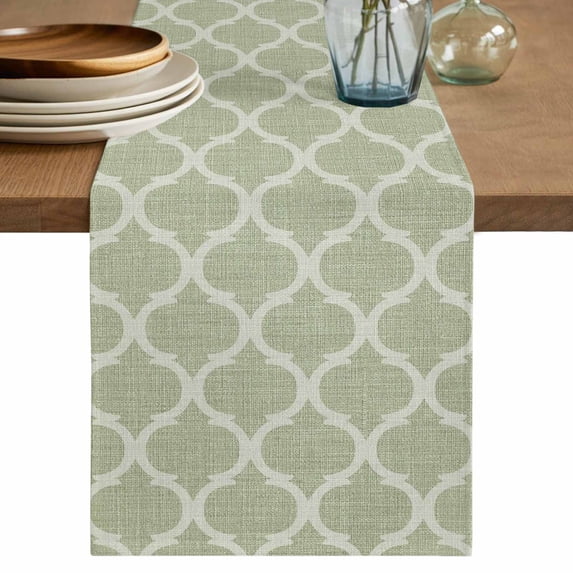 Table Runner 90 Inches Long for Kitchen Dining, Sage Green Morocco Dresser Scarf Farmhouse, Dining Table Decorations for Wedding/Parties, Boho Abstract Geometric Grid Plaid 13 x 90 In