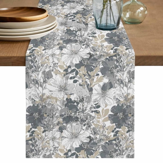 Table Runner 90 Inches Long for Kitchen Dining, Spring Botanical Dresser Scarf Farmhouse, Dining Table Decorations for Wedding/Parties, Country Floral Leaves Gray Brown 13 x 90 In
