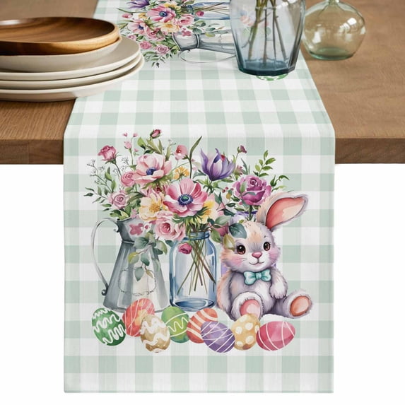 Table Runner 90 Inches Long for Kitchen Dining, Spring Easter Dresser Scarf Farmhouse, Dining Table Decorations for Wedding/Parties, Colorful Cute Rabbits Eggs Flowers Green Plaid 13 x 90 In