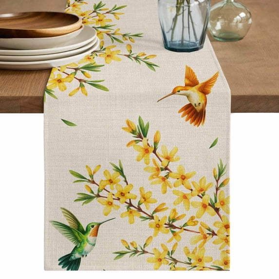 Table Runner 90 Inches Long for Kitchen Dining, Spring Floral Dresser Scarf Farmhouse, Dining Table Decorations for Wedding/Parties, Watercolor Forsythia Flowers Hummingbirds Beige 13 x 90 In