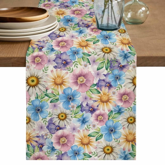 Table Runner 90 Inches Long for Kitchen Dining, Spring Flowers Dresser Scarf Farmhouse, Dining Table Decorations for Wedding/Parties, Watercolor Floral Daisy Plants Country 13 x 90 In