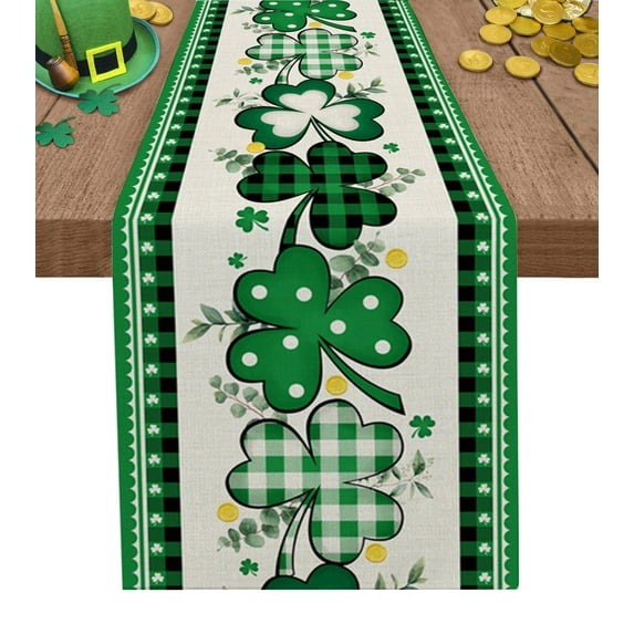 Table Runner 90 Inches Long for Kitchen Dining, St. Patrick's Day, Dresser Scarf Farmhouse, Dining Table Decorations for Wedding/Parties, Green Shamrock Farmhouse Plaid Eucalyptus 13 x 90 In