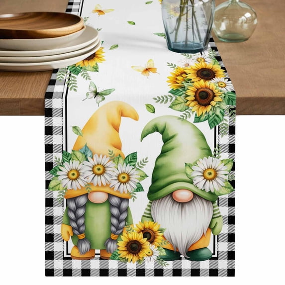 Table Runner 90 Inches Long for Kitchen Dining, Sunflower Gnomes Dresser Scarf Farmhouse, Dining Table Decorations for Wedding/Parties, Spring Farmhouse Country Daisy Leaf Plaid 13 x 90 In
