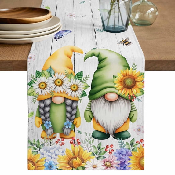Table Runner 90 Inches Long for Kitchen Dining, Sunflowers Dresser Scarf Farmhouse, Dining Table Decorations for Wedding/Parties, Spring Flowers Gnomes Hydrangea Daisy Wood 13 x 90 In
