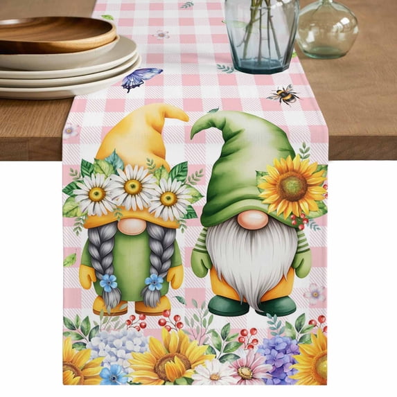 Table Runner 90 Inches Long for Kitchen Dining, Sunflowers Dresser Scarf Farmhouse, Dining Table Decorations for Wedding/Parties, Spring Gnomes Hydrangea Daisy Flowers Pink Plaid 13 x 90 In