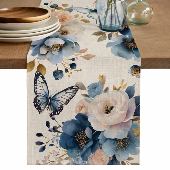Table Runner 90 Inches Long for Kitchen Dining, Vintage Blue Floral Dresser Scarf Farmhouse, Dining Table Decorations for Wedding/Parties, Butterflies Watercolor Flower Linen 13 x 90 In