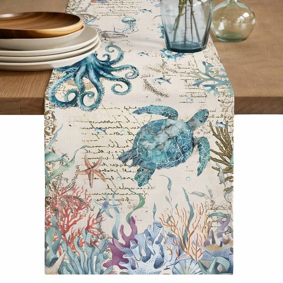Table Runner 90 Inches Long for Kitchen Dining, Vintage Coastal Dresser Scarf Farmhouse, Dining Table Decorations for Wedding/Parties, Sea Turtle Octopus Coral Beach Nautical 13 x 90 In