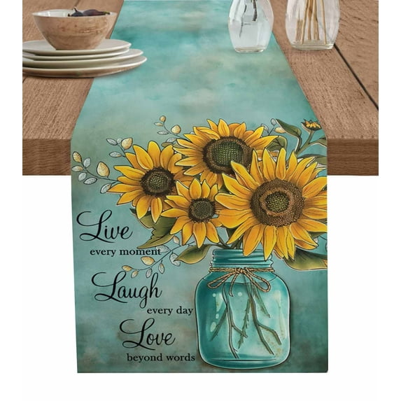Table Runner 90 Inches Long for Kitchen Dining, Vintage Sunflower Dresser Scarf Farmhouse, Dining Table Decorations for Wedding/Parties, Teal Retro Summer Botanical Floral 13 x 90 In