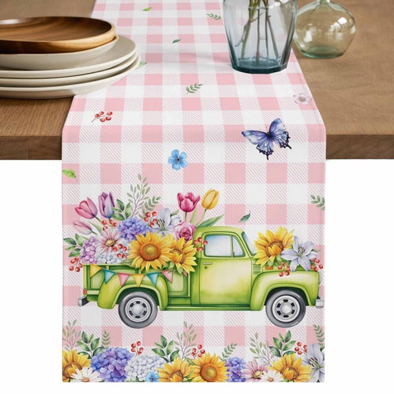 Table Runner 90 Inches Long for Kitchen Dining, Watercolor Floral Truck Dresser Scarf Farmhouse, Dining Table Decorations for Wedding/Parties, Spring Garden Butterflies Pink Plaid 13 x 90 In