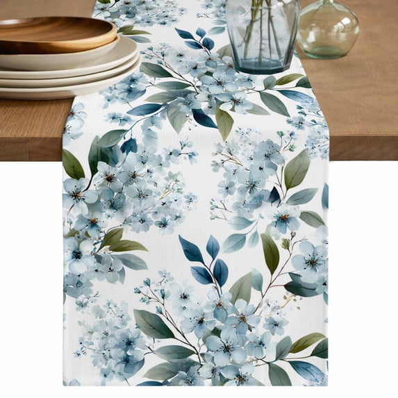 Table Runner 90 Inches Long for Kitchen Dining, Watercolor Flowers Dresser Scarf Farmhouse, Dining Table Decorations for Wedding/Parties, Spring Floral Leaves Botanical Blue 13 x 90 In