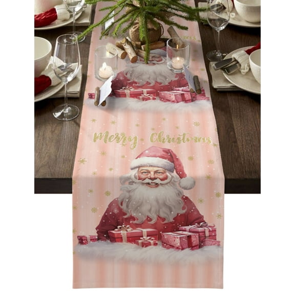 Table Runner 90 Inches Long for Kitchen Dining, Winter Santa, Dresser Scarf Farmhouse, Dining Table Decorations for Wedding/Parties, Christmas Gold Snowflak Pink Stripe 13 x 90 In
