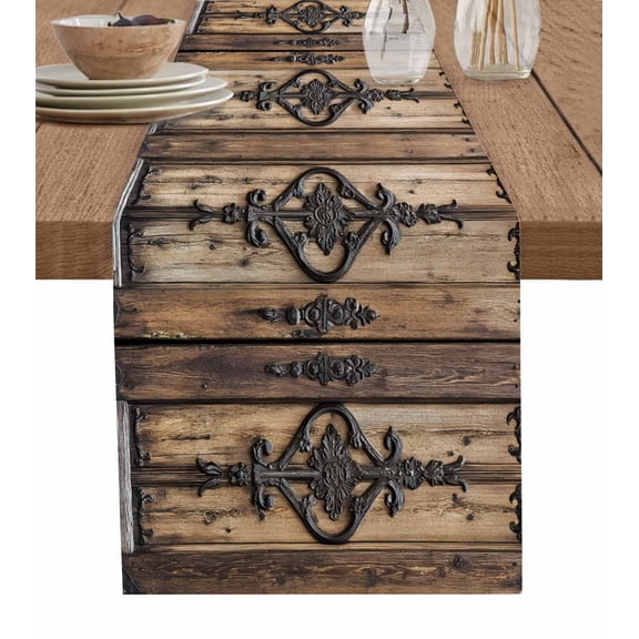 Table Runner 90 Inches Long for Kitchen Dining, Wooden Plank Dresser Scarf Farmhouse, Dining Table Decorations for Wedding/Parties, Rustic Farmhouse Brown Black Barn Door 13 x 90 In
