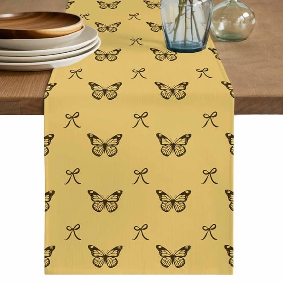 Table Runner 90 Inches Long for Kitchen Dining, Yellow Spring Butterfly Dresser Scarf Farmhouse, Dining Table Decorations for Wedding/Parties, Black Bow Knot 13 x 90 In
