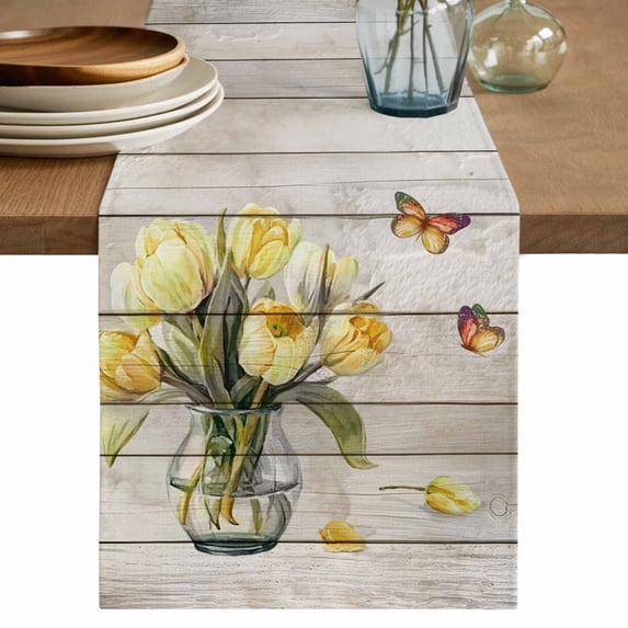 Table Runner 90 Inches Long for Kitchen Dining, Yellow Tulip Dresser Scarf Farmhouse, Dining Table Decorations for Wedding/Parties, Vintage Spring Floral Retro Art Butterfly Wooden 13 x 90 In